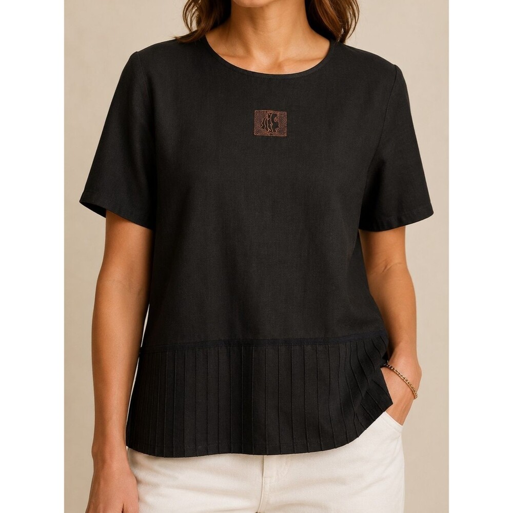 Jessica Howard Petite 100% Linen Black Pleated Hem Blouse Short Sleeve Top 2x
